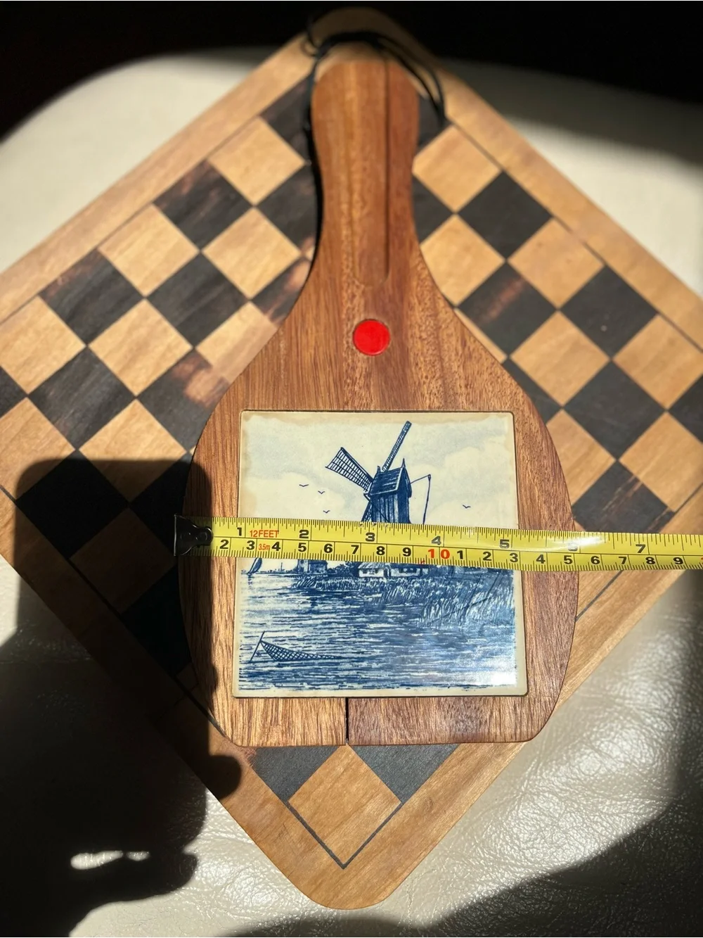 Vintage Wood Cheese Board- Wall Hanging with Delft-Style Tile